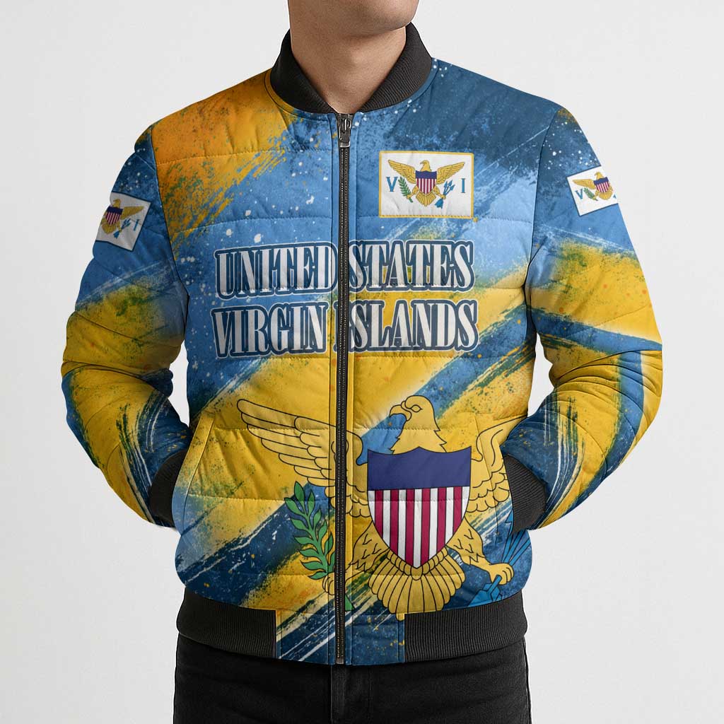 United States Virgin Islands Bomber Puffer Jacket with Blue Yellow Eagle Design and Government Seal - Wonder Print Shop