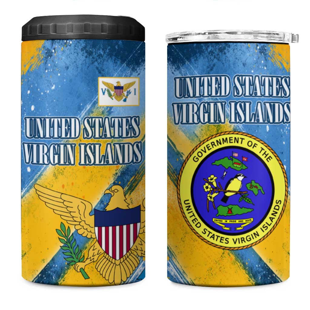 United States Virgin Islands 4 in 1 Can Cooler Tumbler with Blue Yellow Eagle Design and Government Seal - Wonder Print Shop
