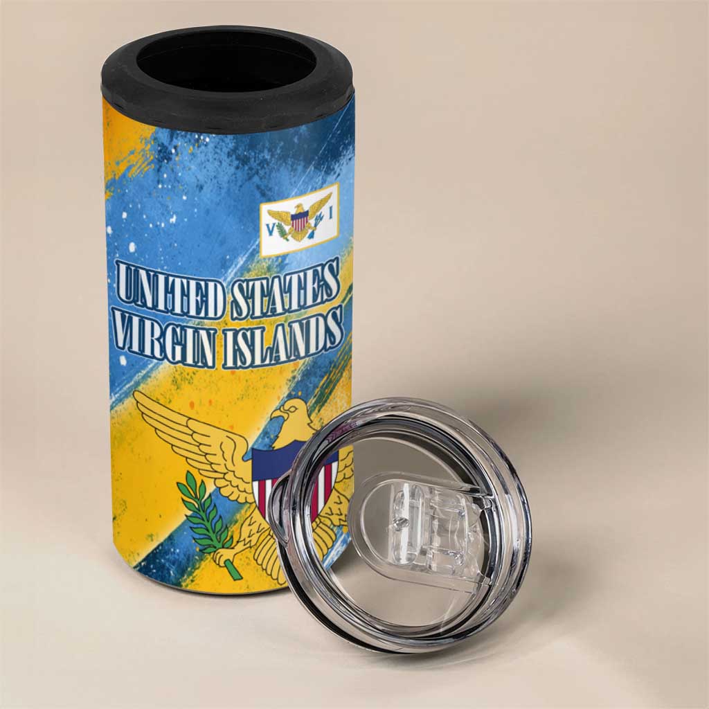United States Virgin Islands 4 in 1 Can Cooler Tumbler with Blue Yellow Eagle Design and Government Seal - Wonder Print Shop