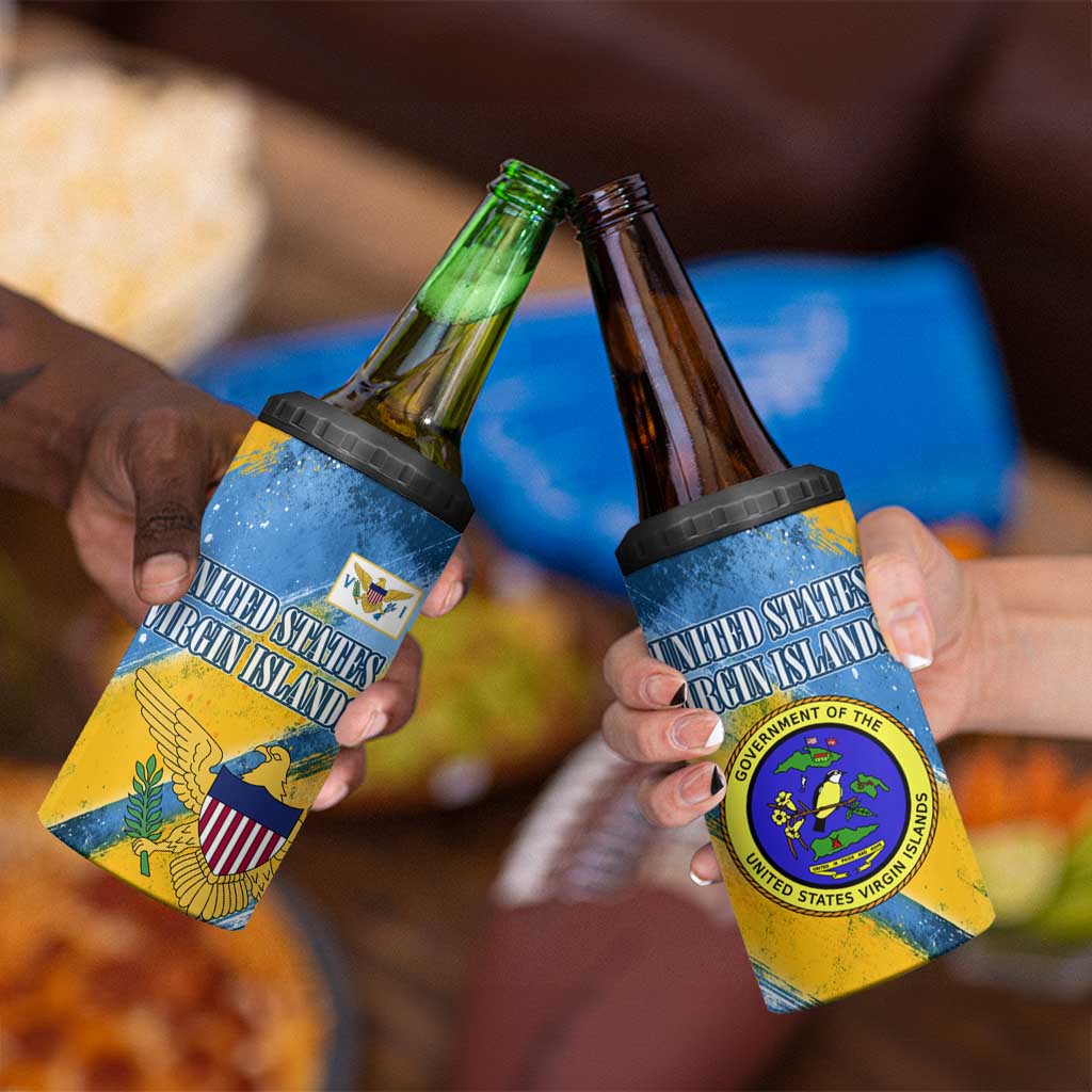 United States Virgin Islands 4 in 1 Can Cooler Tumbler with Blue Yellow Eagle Design and Government Seal - Wonder Print Shop