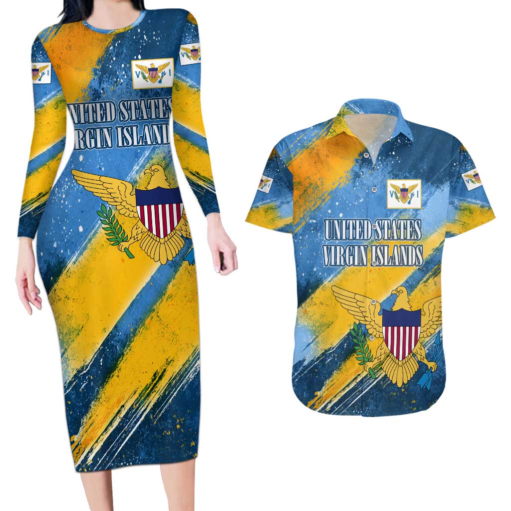 United States Virgin Islands Couples Matching Long Sleeve Bodycon Dress and Hawaiian Shirt with Blue Yellow Eagle Design and Government Seal - Wonder Print Shop