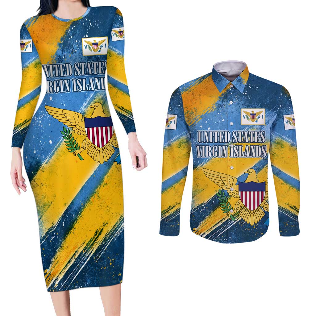 United States Virgin Islands Couples Matching Long Sleeve Bodycon Dress and Long Sleeve Button Shirt with Blue Yellow Eagle Design and Government Seal - Wonder Print Shop