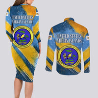 United States Virgin Islands Couples Matching Long Sleeve Bodycon Dress and Long Sleeve Button Shirt with Blue Yellow Eagle Design and Government Seal - Wonder Print Shop