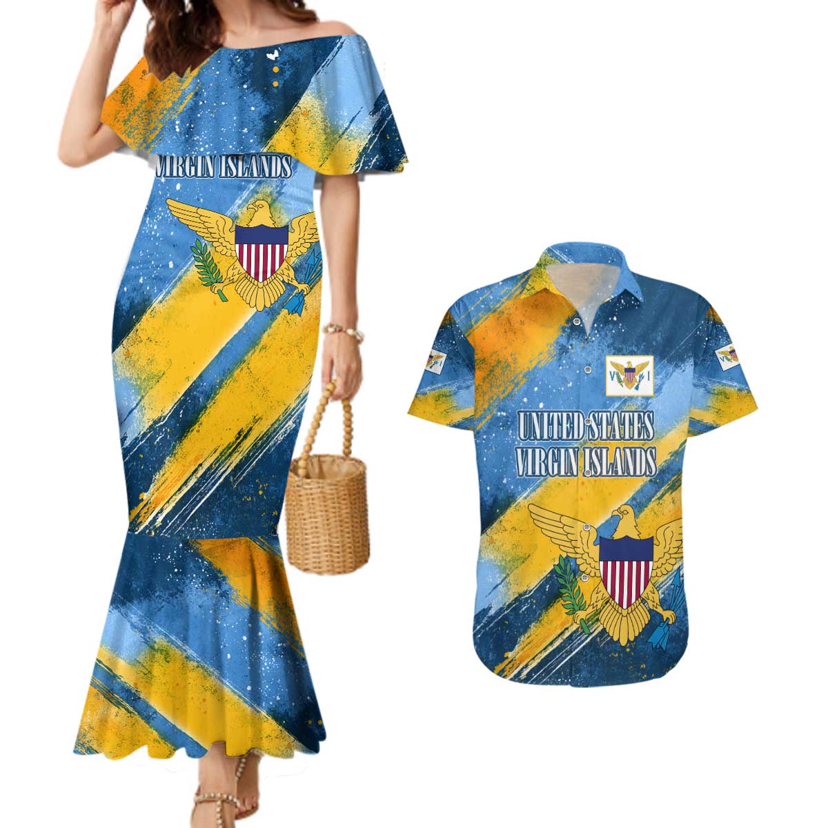 United States Virgin Islands Couples Matching Mermaid Dress and Hawaiian Shirt with Blue Yellow Eagle Design and Government Seal - Wonder Print Shop