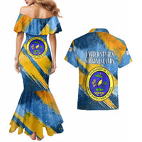 United States Virgin Islands Couples Matching Mermaid Dress and Hawaiian Shirt with Blue Yellow Eagle Design and Government Seal - Wonder Print Shop