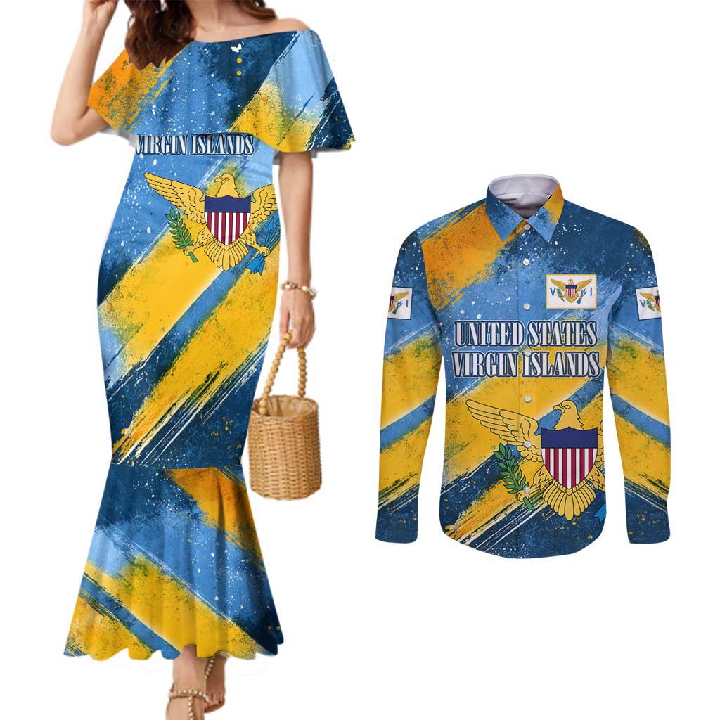 United States Virgin Islands Couples Matching Mermaid Dress and Long Sleeve Button Shirt with Blue Yellow Eagle Design and Government Seal - Wonder Print Shop