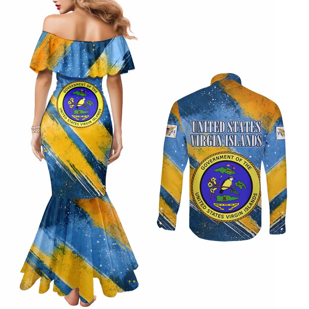 United States Virgin Islands Couples Matching Mermaid Dress and Long Sleeve Button Shirt with Blue Yellow Eagle Design and Government Seal - Wonder Print Shop