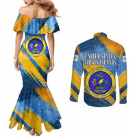 United States Virgin Islands Couples Matching Mermaid Dress and Long Sleeve Button Shirt with Blue Yellow Eagle Design and Government Seal - Wonder Print Shop