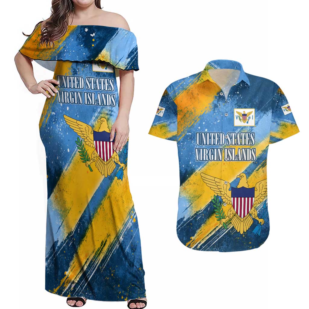 United States Virgin Islands Couples Matching Off Shoulder Maxi Dress and Hawaiian Shirt with Blue Yellow Eagle Design and Government Seal - Wonder Print Shop