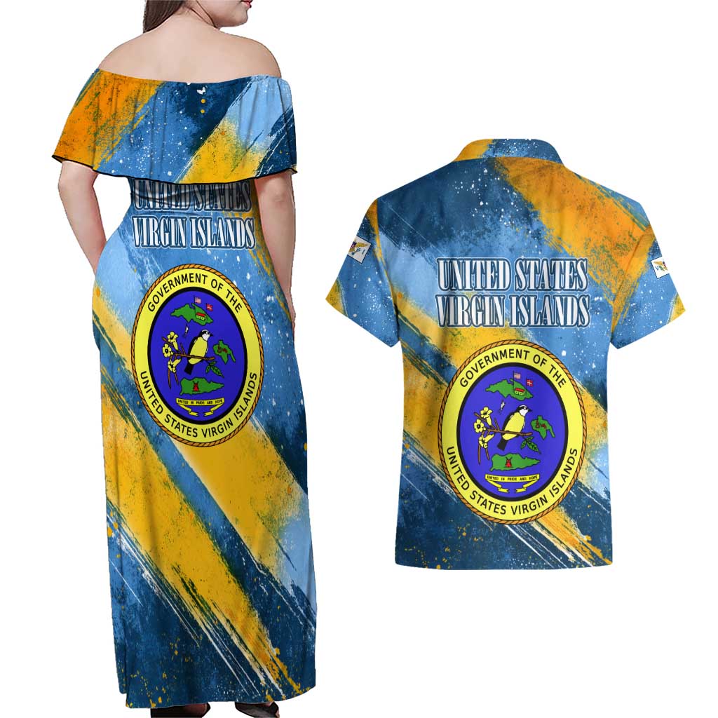 United States Virgin Islands Couples Matching Off Shoulder Maxi Dress and Hawaiian Shirt with Blue Yellow Eagle Design and Government Seal - Wonder Print Shop