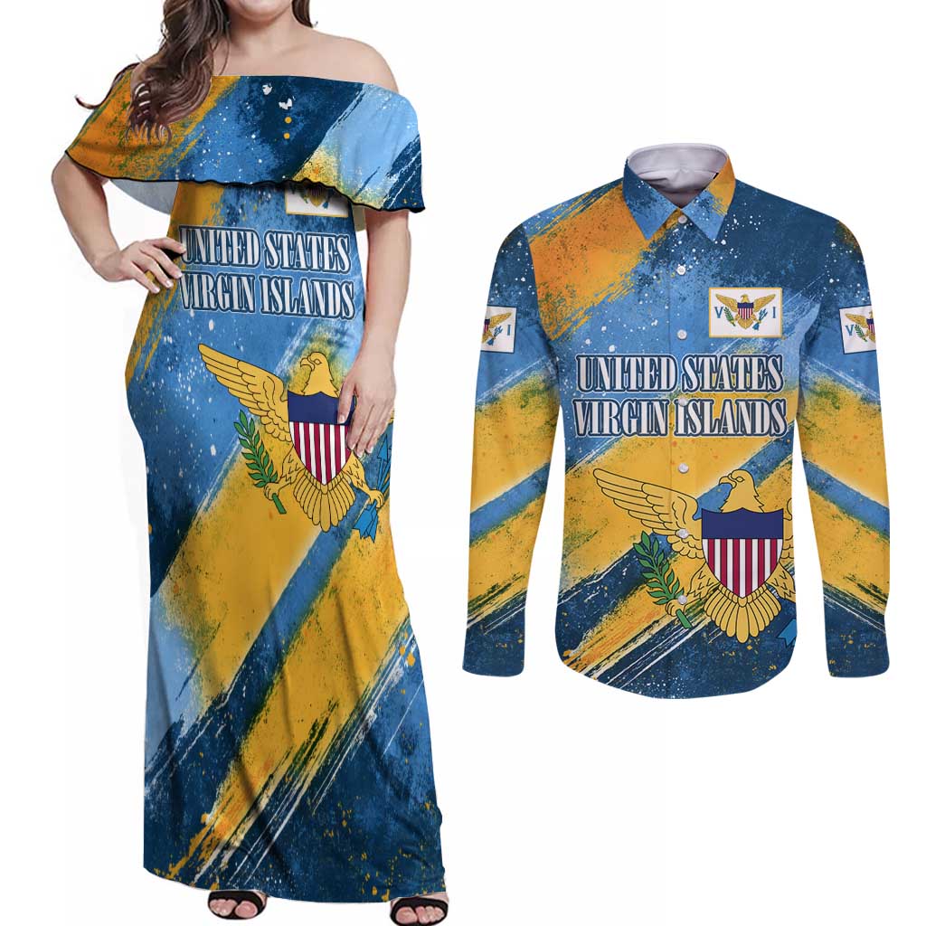 United States Virgin Islands Couples Matching Off Shoulder Maxi Dress and Long Sleeve Button Shirt with Blue Yellow Eagle Design and Government Seal - Wonder Print Shop