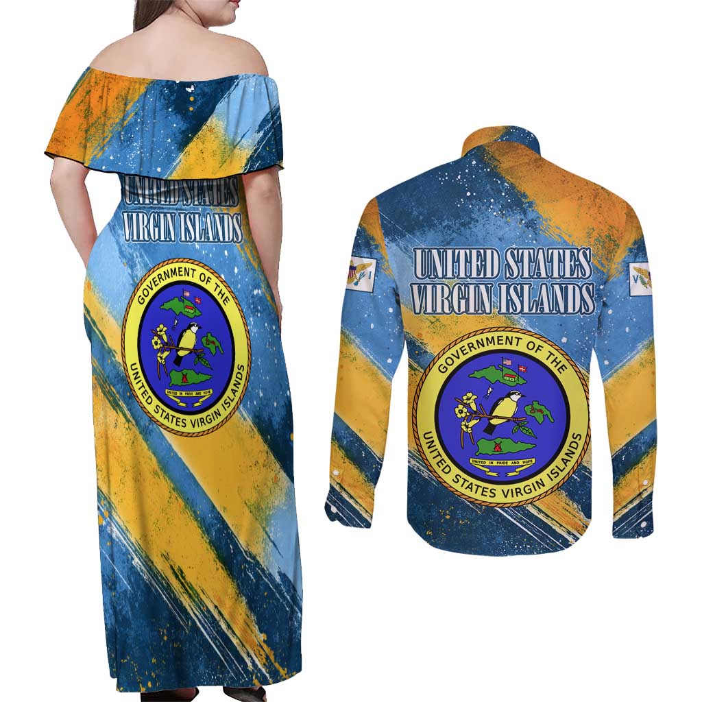 United States Virgin Islands Couples Matching Off Shoulder Maxi Dress and Long Sleeve Button Shirt with Blue Yellow Eagle Design and Government Seal - Wonder Print Shop