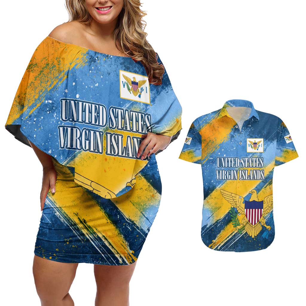 United States Virgin Islands Couples Matching Off Shoulder Short Dress and Hawaiian Shirt with Blue Yellow Eagle Design and Government Seal - Wonder Print Shop