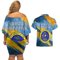 United States Virgin Islands Couples Matching Off Shoulder Short Dress and Hawaiian Shirt with Blue Yellow Eagle Design and Government Seal - Wonder Print Shop