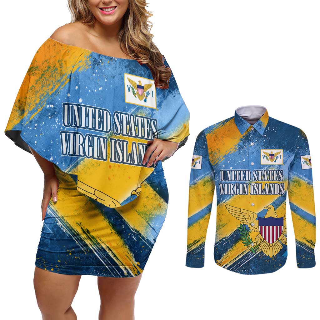 United States Virgin Islands Couples Matching Off Shoulder Short Dress and Long Sleeve Button Shirt with Blue Yellow Eagle Design and Government Seal - Wonder Print Shop