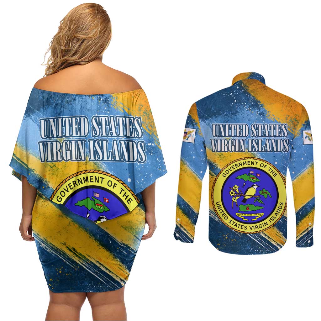 United States Virgin Islands Couples Matching Off Shoulder Short Dress and Long Sleeve Button Shirt with Blue Yellow Eagle Design and Government Seal - Wonder Print Shop