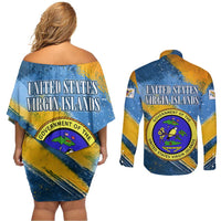 United States Virgin Islands Couples Matching Off Shoulder Short Dress and Long Sleeve Button Shirt with Blue Yellow Eagle Design and Government Seal - Wonder Print Shop