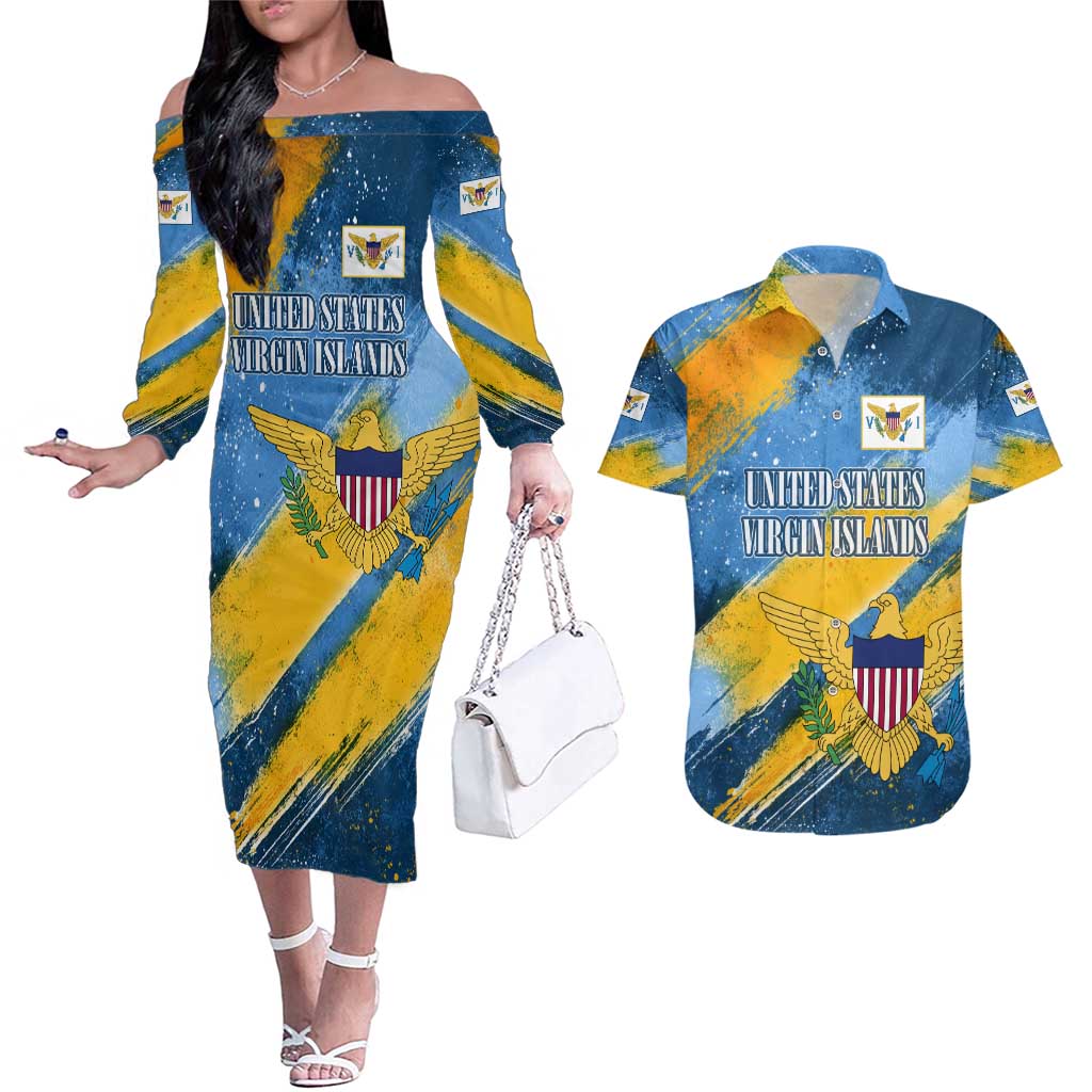 United States Virgin Islands Couples Matching Off The Shoulder Long Sleeve Dress and Hawaiian Shirt with Blue Yellow Eagle Design and Government Seal - Wonder Print Shop
