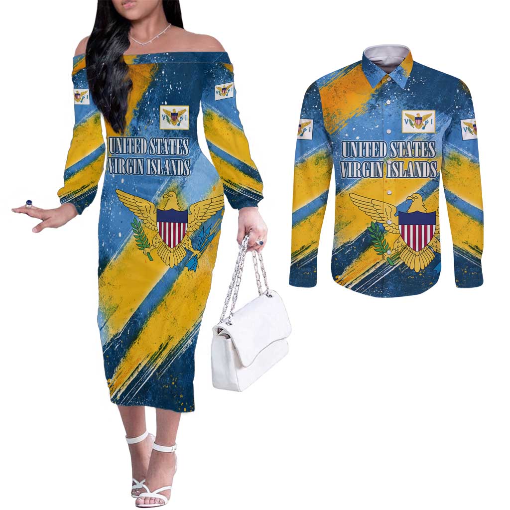 United States Virgin Islands Couples Matching Off The Shoulder Long Sleeve Dress and Long Sleeve Button Shirt with Blue Yellow Eagle Design and Government Seal - Wonder Print Shop