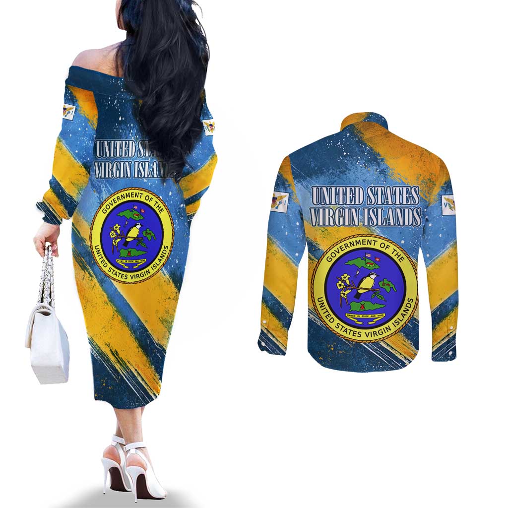 United States Virgin Islands Couples Matching Off The Shoulder Long Sleeve Dress and Long Sleeve Button Shirt with Blue Yellow Eagle Design and Government Seal - Wonder Print Shop
