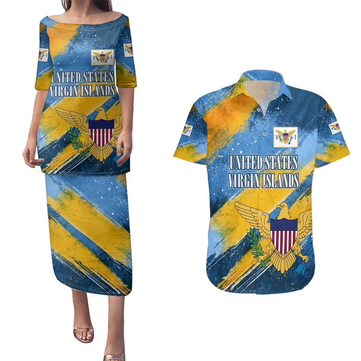 United States Virgin Islands Couples Matching Puletasi and Hawaiian Shirt with Blue Yellow Eagle Design and Government Seal - Wonder Print Shop