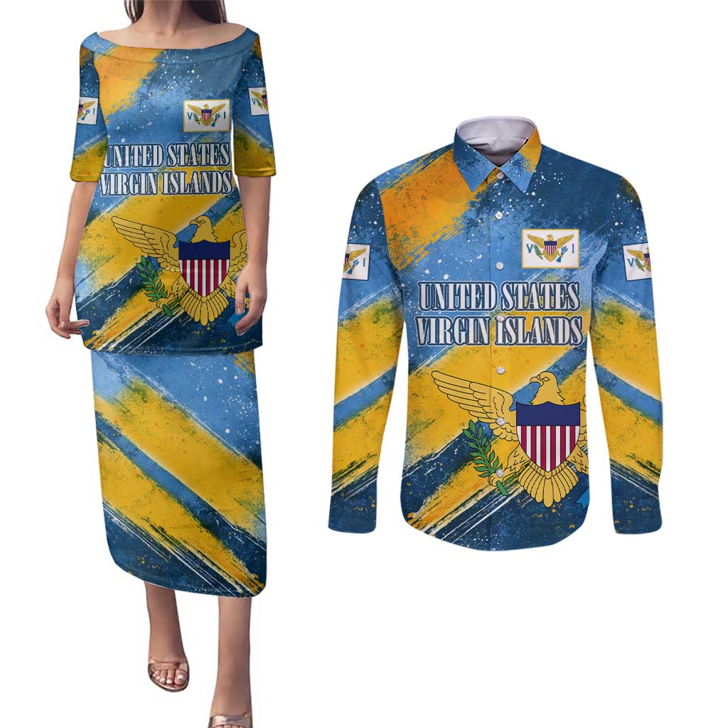 United States Virgin Islands Couples Matching Puletasi and Long Sleeve Button Shirt with Blue Yellow Eagle Design and Government Seal - Wonder Print Shop