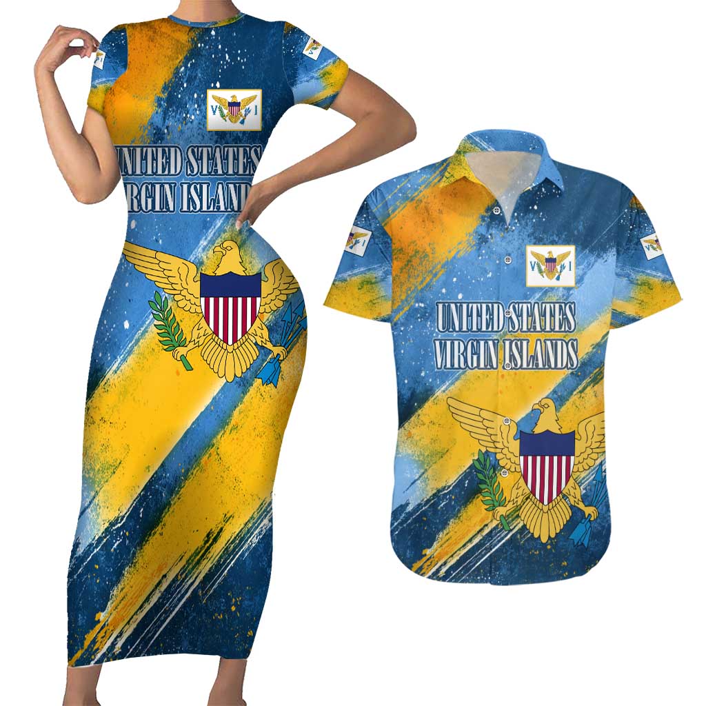 United States Virgin Islands Couples Matching Short Sleeve Bodycon Dress and Hawaiian Shirt with Blue Yellow Eagle Design and Government Seal - Wonder Print Shop