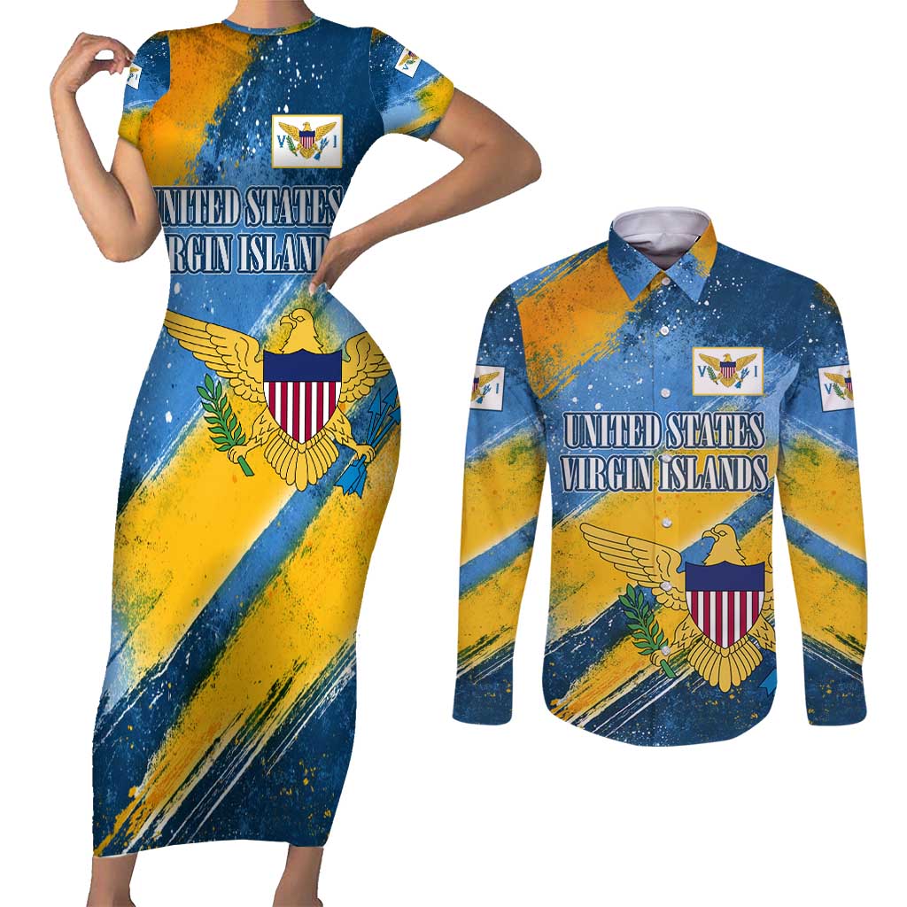 United States Virgin Islands Couples Matching Short Sleeve Bodycon Dress and Long Sleeve Button Shirt with Blue Yellow Eagle Design and Government Seal - Wonder Print Shop