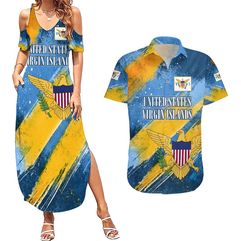 United States Virgin Islands Couples Matching Summer Maxi Dress and Hawaiian Shirt with Blue Yellow Eagle Design and Government Seal - Wonder Print Shop
