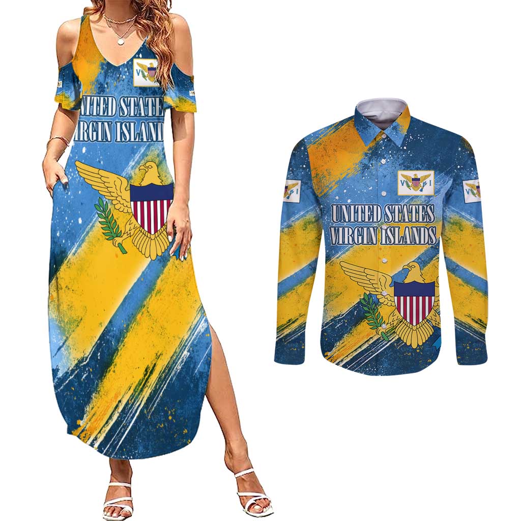 United States Virgin Islands Couples Matching Summer Maxi Dress and Long Sleeve Button Shirt with Blue Yellow Eagle Design and Government Seal - Wonder Print Shop