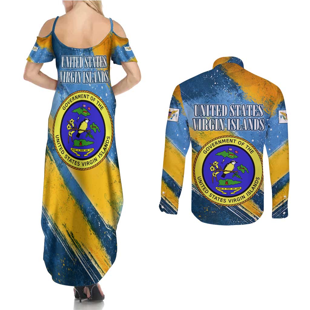 United States Virgin Islands Couples Matching Summer Maxi Dress and Long Sleeve Button Shirt with Blue Yellow Eagle Design and Government Seal - Wonder Print Shop