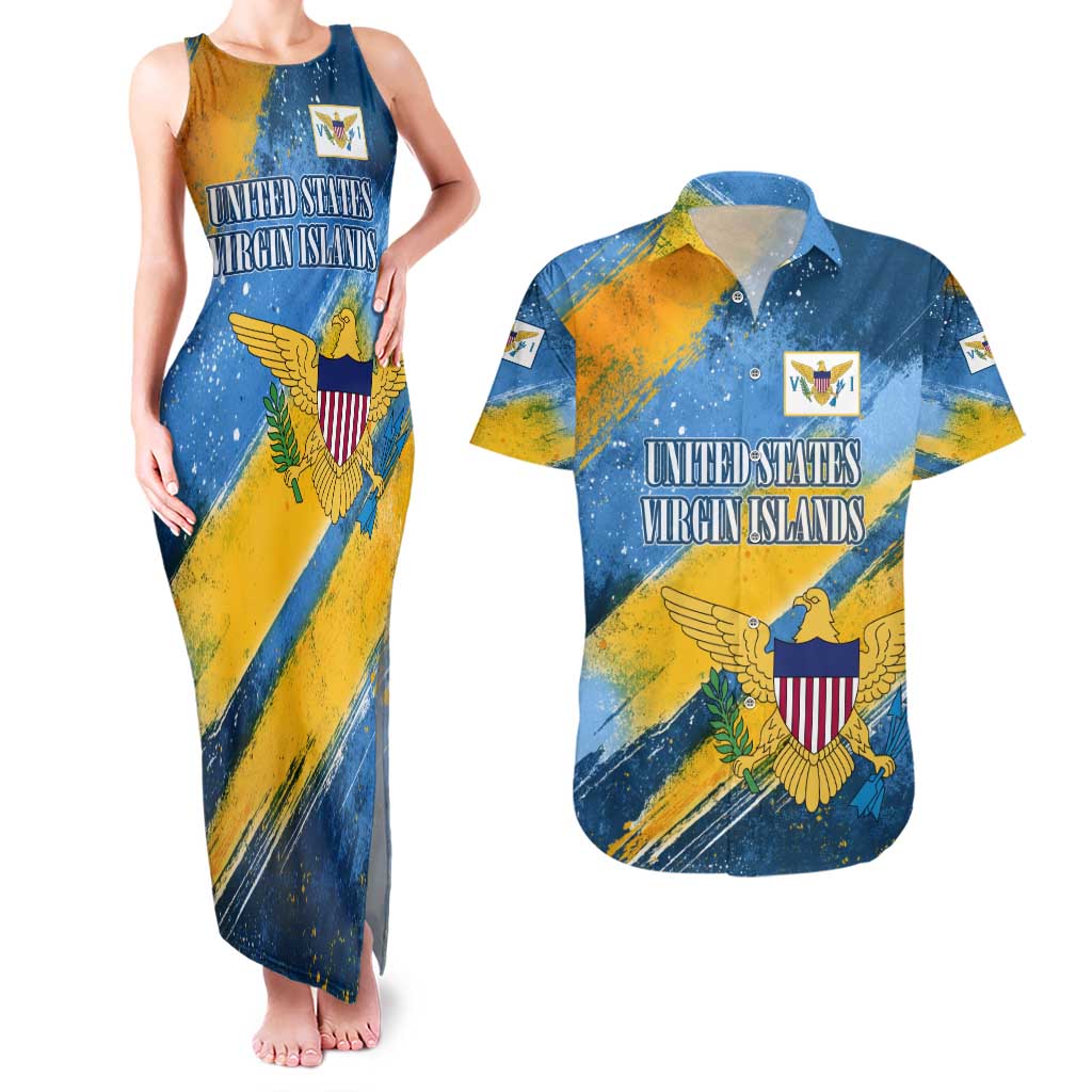 United States Virgin Islands Couples Matching Tank Maxi Dress and Hawaiian Shirt with Blue Yellow Eagle Design and Government Seal - Wonder Print Shop