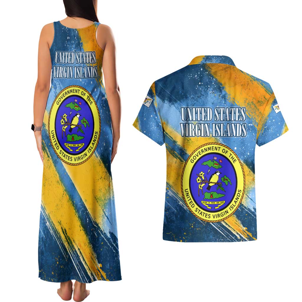 United States Virgin Islands Couples Matching Tank Maxi Dress and Hawaiian Shirt with Blue Yellow Eagle Design and Government Seal - Wonder Print Shop