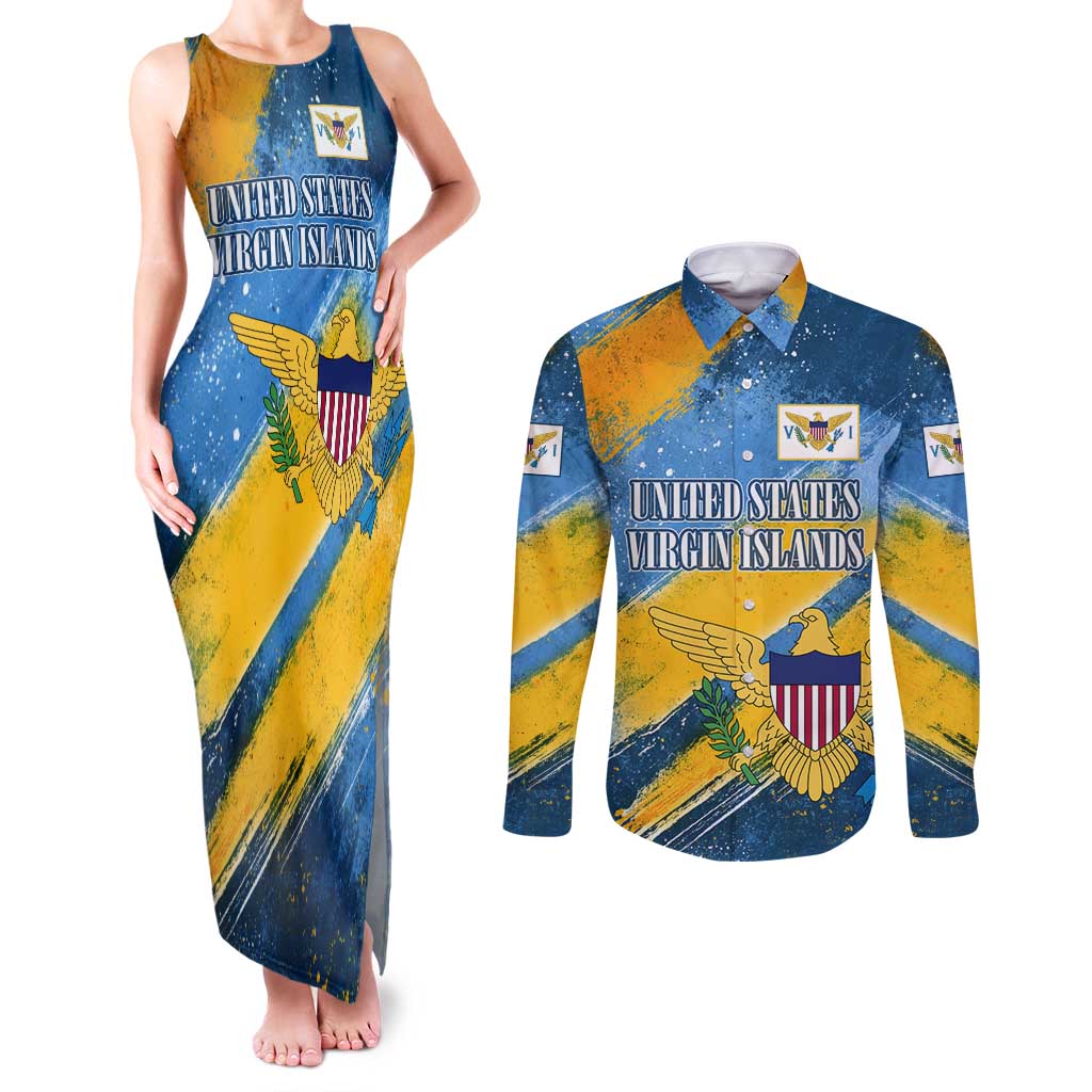 United States Virgin Islands Couples Matching Tank Maxi Dress and Long Sleeve Button Shirt with Blue Yellow Eagle Design and Government Seal - Wonder Print Shop