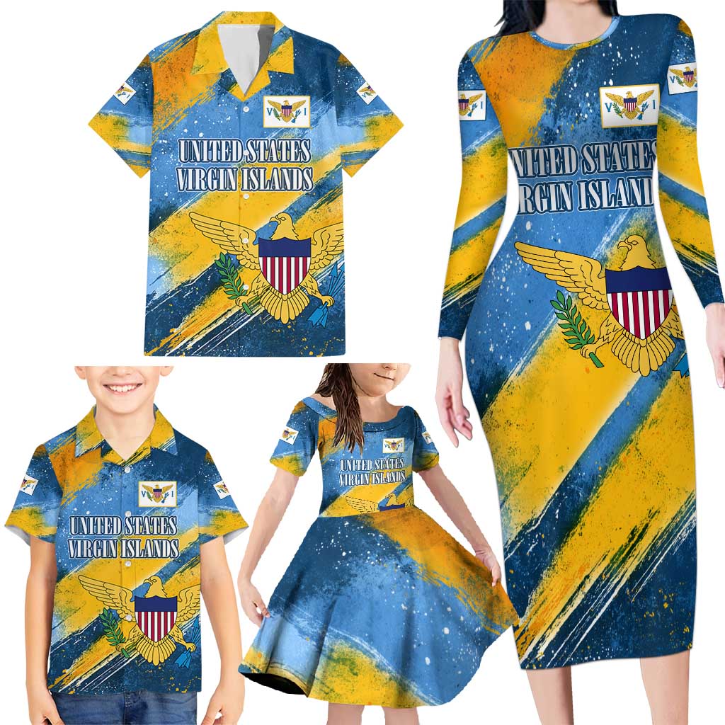 United States Virgin Islands Family Matching Long Sleeve Bodycon Dress and Hawaiian Shirt with Blue Yellow Eagle Design and Government Seal - Wonder Print Shop