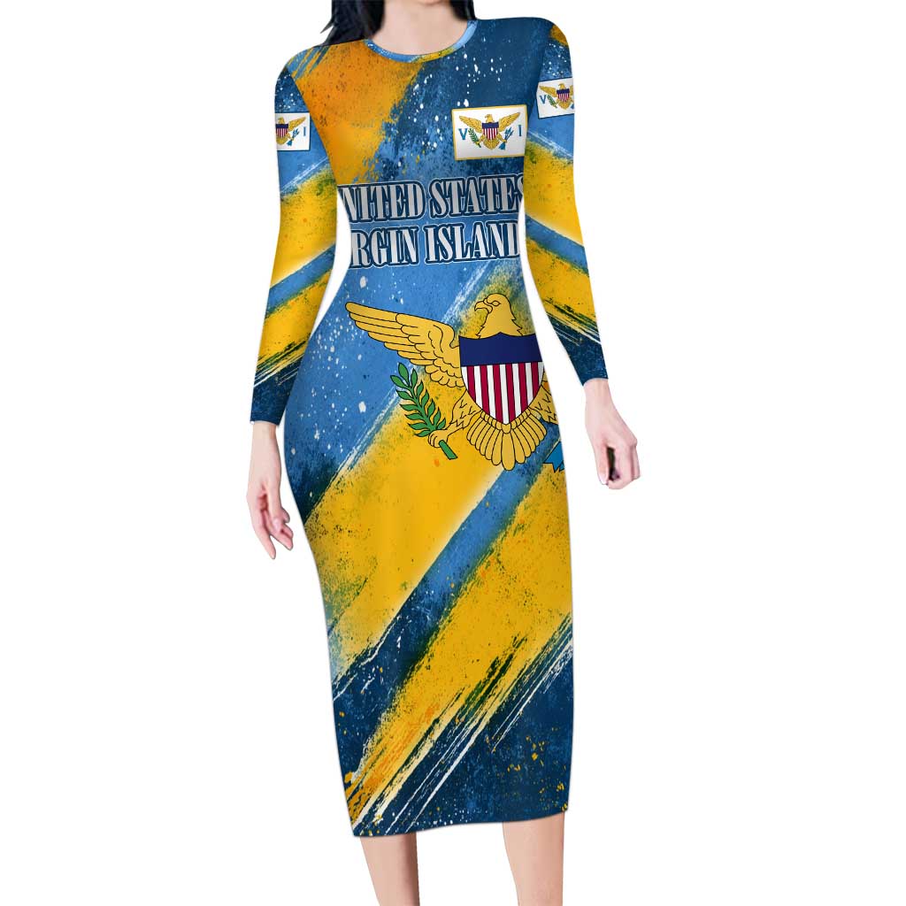 United States Virgin Islands Family Matching Long Sleeve Bodycon Dress and Hawaiian Shirt with Blue Yellow Eagle Design and Government Seal - Wonder Print Shop