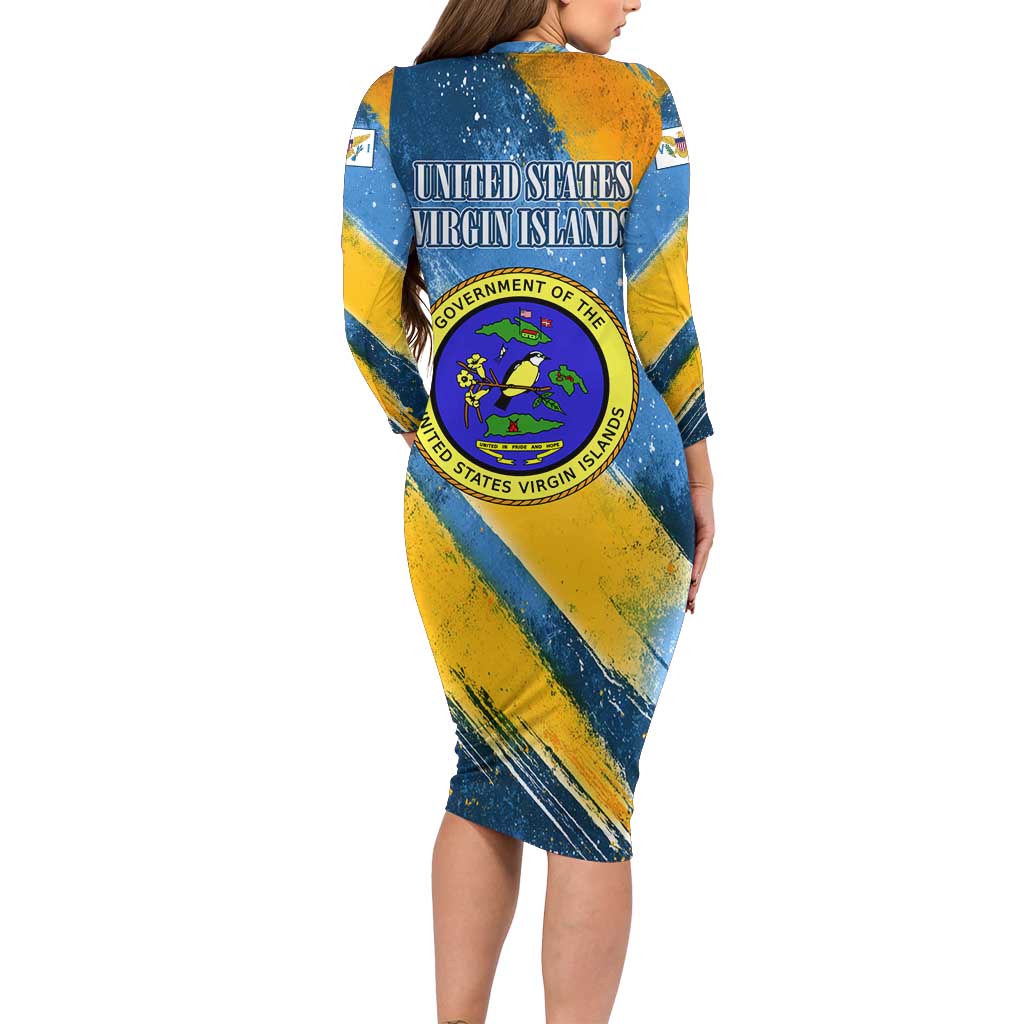 United States Virgin Islands Family Matching Long Sleeve Bodycon Dress and Hawaiian Shirt with Blue Yellow Eagle Design and Government Seal - Wonder Print Shop