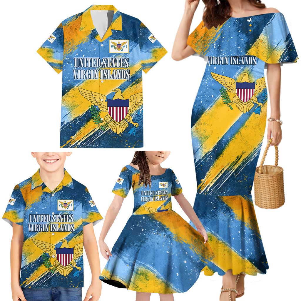 United States Virgin Islands Family Matching Mermaid Dress and Hawaiian Shirt with Blue Yellow Eagle Design and Government Seal - Wonder Print Shop