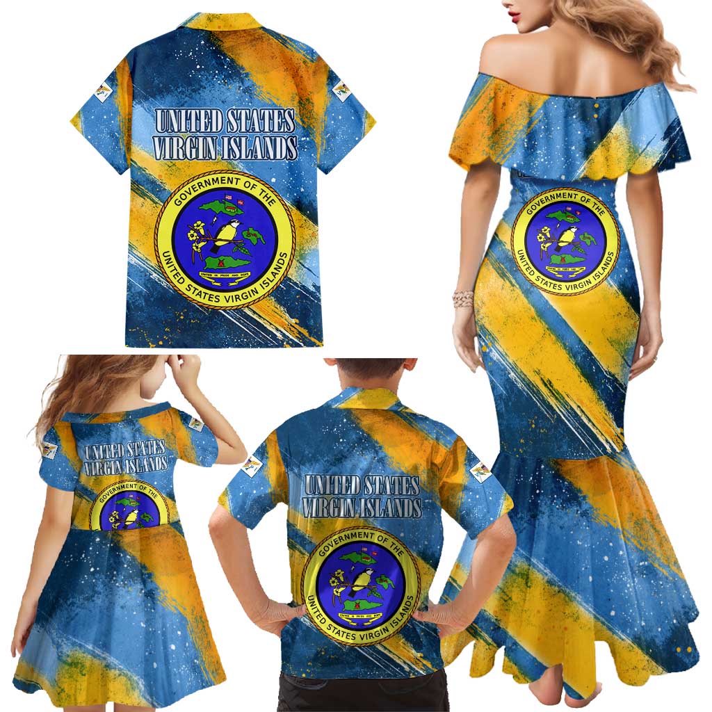 United States Virgin Islands Family Matching Mermaid Dress and Hawaiian Shirt with Blue Yellow Eagle Design and Government Seal - Wonder Print Shop