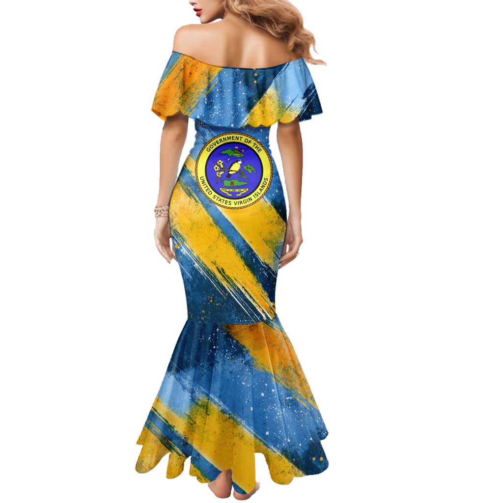 United States Virgin Islands Family Matching Mermaid Dress and Hawaiian Shirt with Blue Yellow Eagle Design and Government Seal - Wonder Print Shop