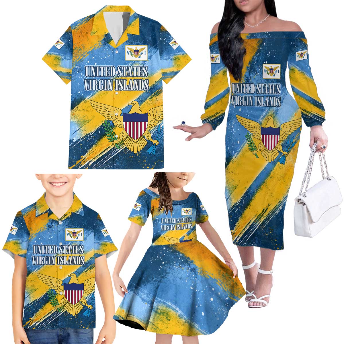 United States Virgin Islands Family Matching Off The Shoulder Long Sleeve Dress and Hawaiian Shirt with Blue Yellow Eagle Design and Government Seal - Wonder Print Shop