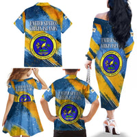 United States Virgin Islands Family Matching Off The Shoulder Long Sleeve Dress and Hawaiian Shirt with Blue Yellow Eagle Design and Government Seal - Wonder Print Shop