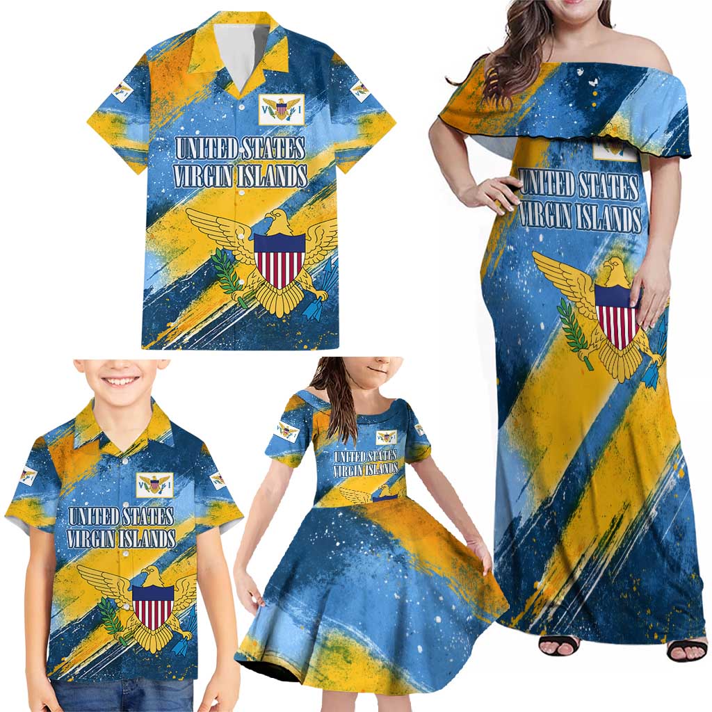United States Virgin Islands Family Matching Off Shoulder Maxi Dress and Hawaiian Shirt with Blue Yellow Eagle Design and Government Seal - Wonder Print Shop