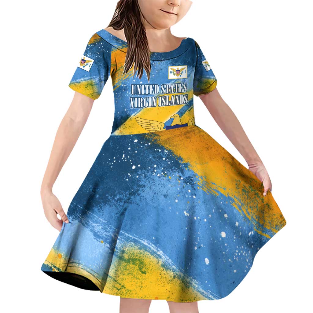 United States Virgin Islands Family Matching Off Shoulder Short Dress and Hawaiian Shirt with Blue Yellow Eagle Design and Government Seal - Wonder Print Shop