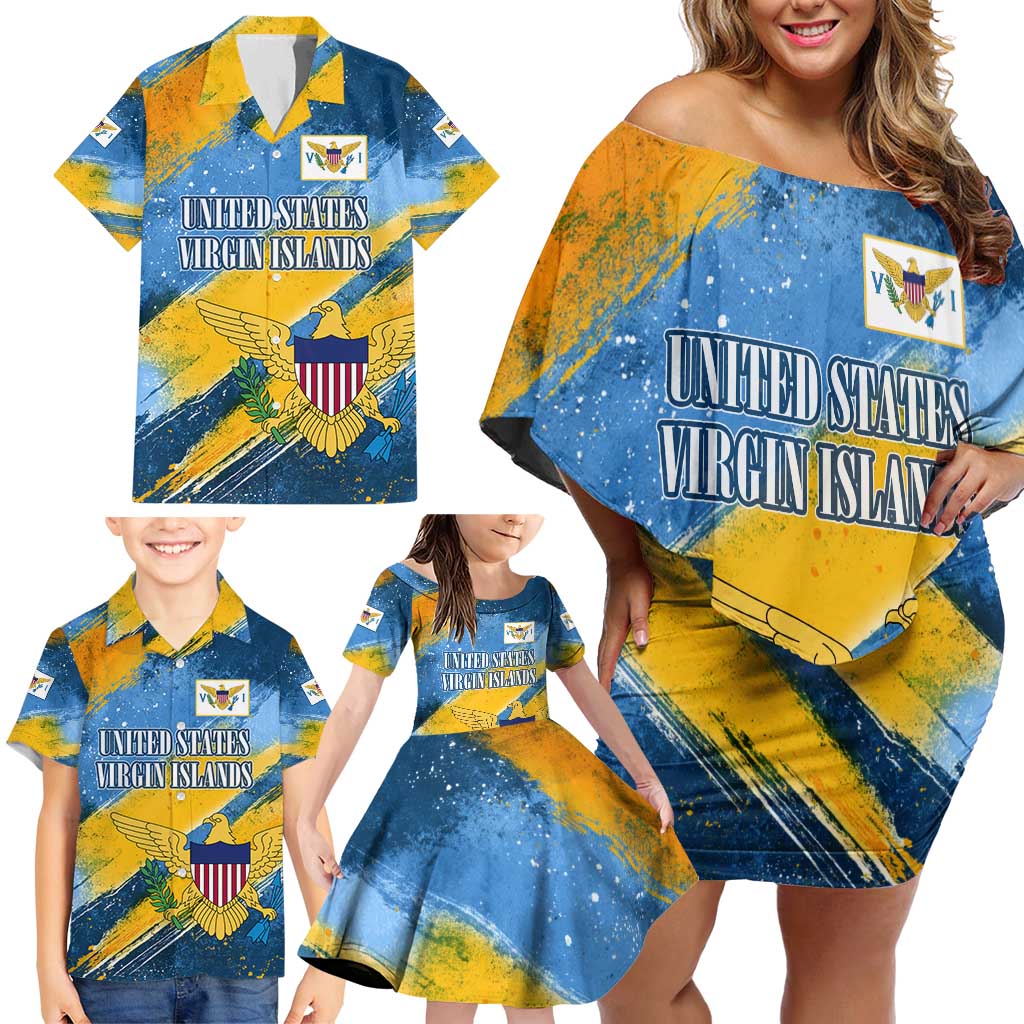 United States Virgin Islands Family Matching Off Shoulder Short Dress and Hawaiian Shirt with Blue Yellow Eagle Design and Government Seal - Wonder Print Shop