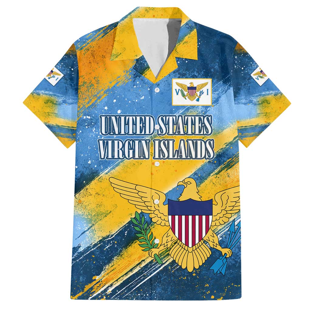 United States Virgin Islands Family Matching Off Shoulder Short Dress and Hawaiian Shirt with Blue Yellow Eagle Design and Government Seal - Wonder Print Shop