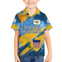 United States Virgin Islands Family Matching Off Shoulder Short Dress and Hawaiian Shirt with Blue Yellow Eagle Design and Government Seal - Wonder Print Shop