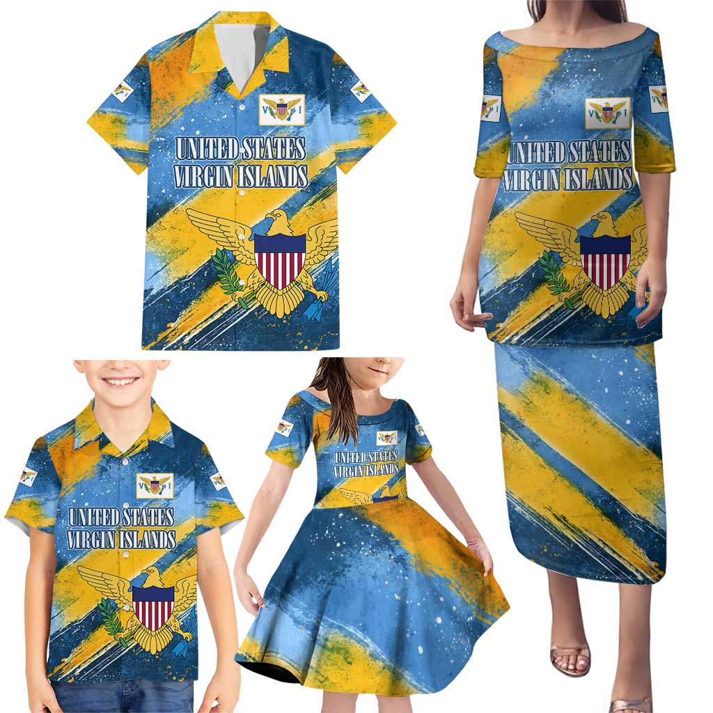 United States Virgin Islands Family Matching Puletasi and Hawaiian Shirt with Blue Yellow Eagle Design and Government Seal - Wonder Print Shop
