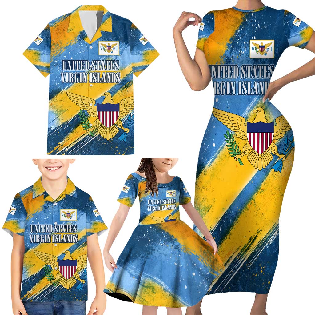United States Virgin Islands Family Matching Short Sleeve Bodycon Dress and Hawaiian Shirt with Blue Yellow Eagle Design and Government Seal - Wonder Print Shop