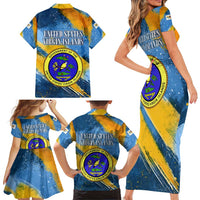 United States Virgin Islands Family Matching Short Sleeve Bodycon Dress and Hawaiian Shirt with Blue Yellow Eagle Design and Government Seal - Wonder Print Shop